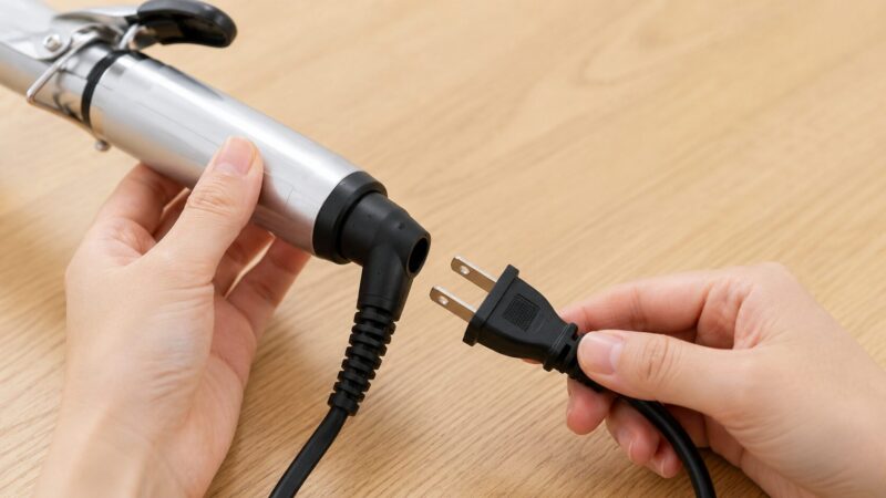 ヘアアイロンの電源プラグやコードを確認して模造品を見分ける様子