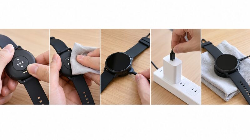 スマートウォッチの充電接点を清掃して充電状態を確認する手順
