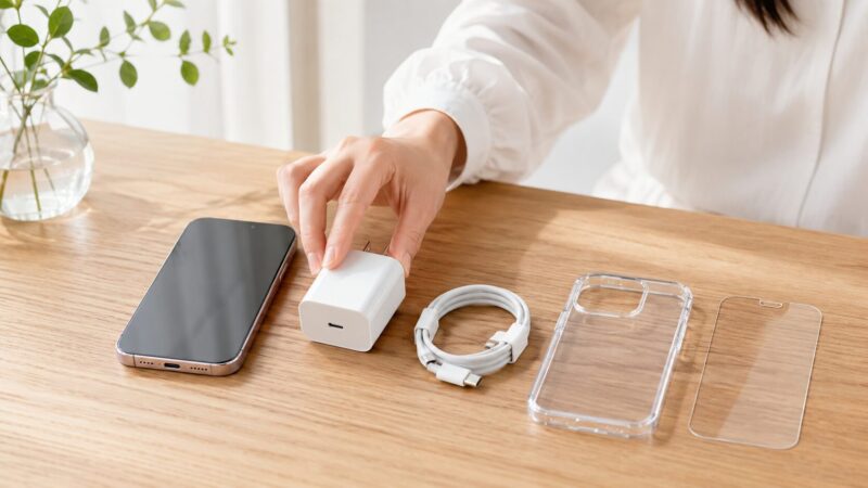 iPhone用の充電器とケースとガラスフィルムを並べた様子