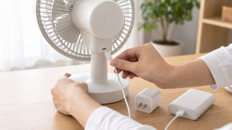 コードレスサーキュレーターのUSB Type-C充電端子と電源を確認する様子