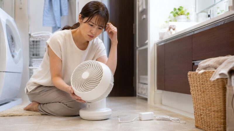 使用時に充電切れへ気付き困っているコードレスサーキュレーターの利用者