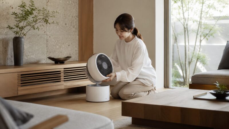 使用後のコードレスサーキュレーターを充電ドックへ戻す様子