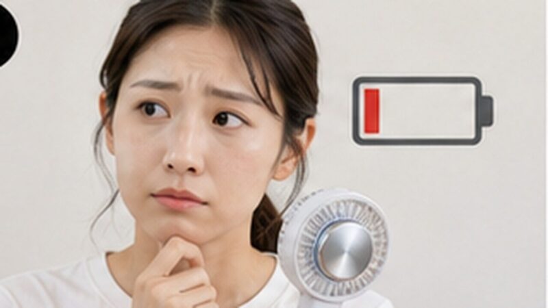 冷却プレート付きハンディファンのバッテリー残量を気にする女性