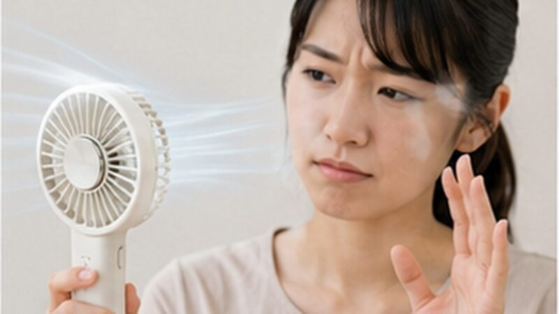 ハンディファンの風が冷風ではないことに物足りなさを感じる女性