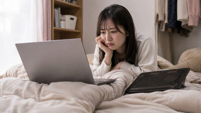 布団の上でノートPCを使い冷却効果が出にくい状態