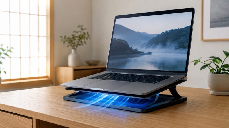 冷却台でノートPCの底面に通気を作る様子