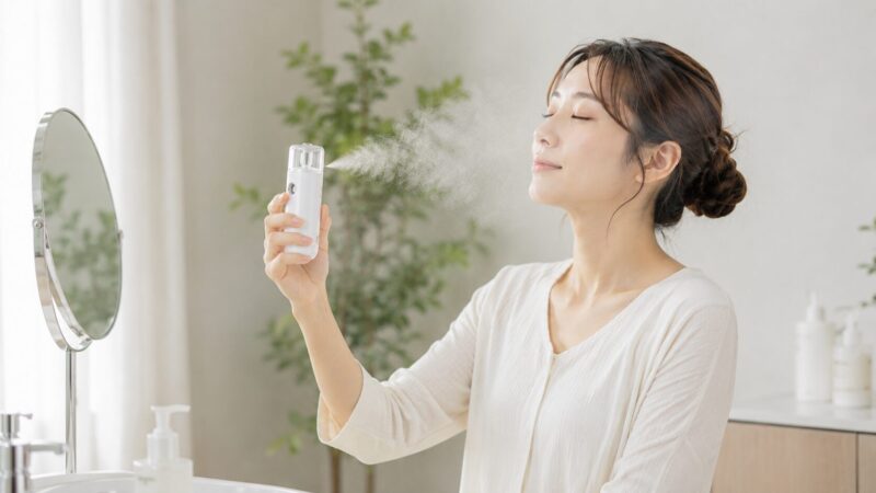 ミストデバイスで肌の保湿を補助しているイメージ