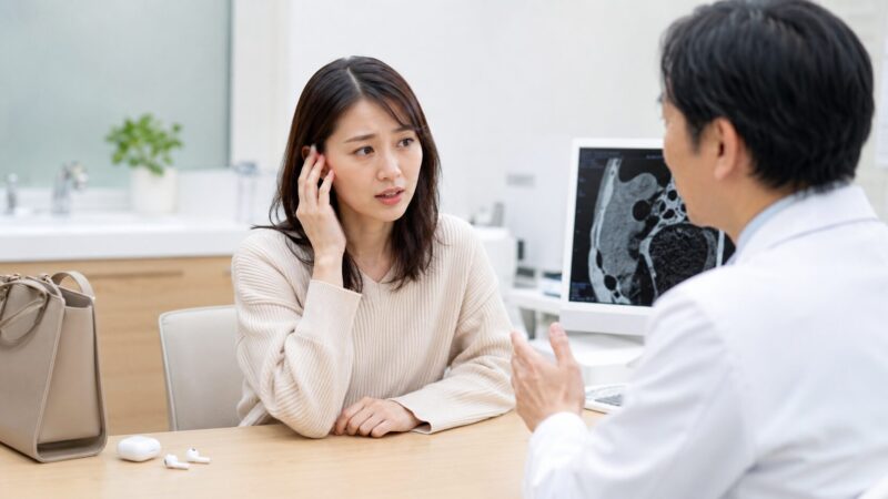 AirPodsを使う前に耳鼻科で聞こえにくさを相談する日本人女性