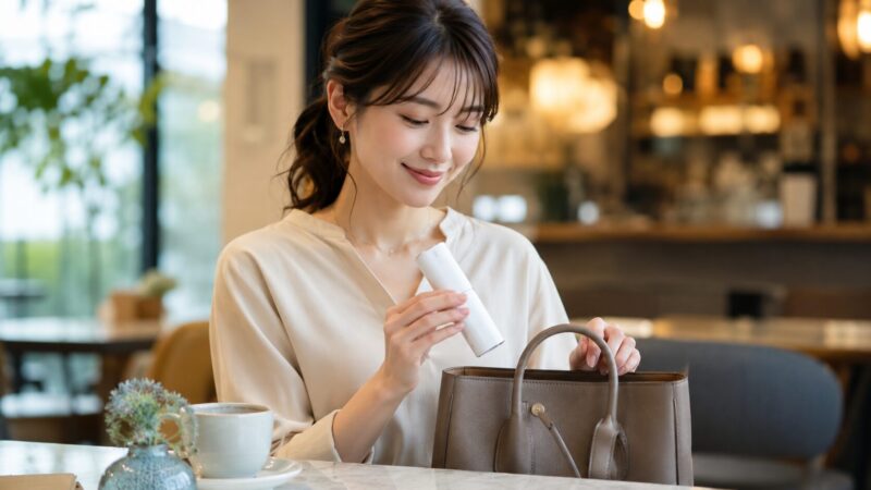 携帯しやすいミストデバイスを外出先で使うイメージ