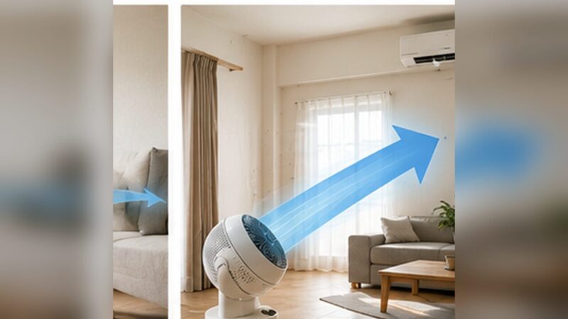 エアコンの冷気を部屋の奥へ送るため固定送風するサーキュレーター