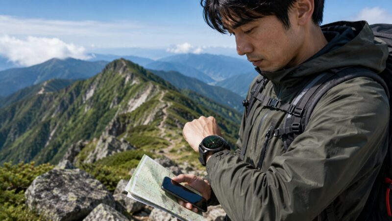 登山中にスマートウォッチのオフライン地図と予備の地図を確認する様子