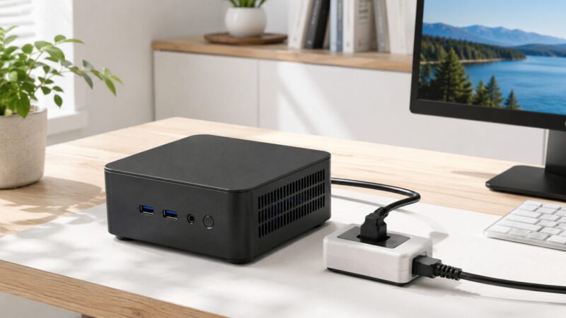 Intel N150搭載ミニPCの省電力性と基本スペックを表すデスク上の小型PC