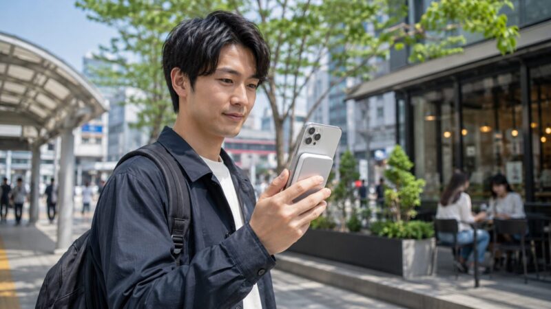 外出先でMagSafe対応モバイルバッテリーをスマホ背面に付けて使う様子