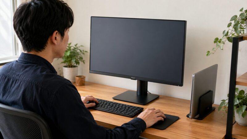 外部モニターを中心に使いノートパソコンを縦置きしているデスク環境