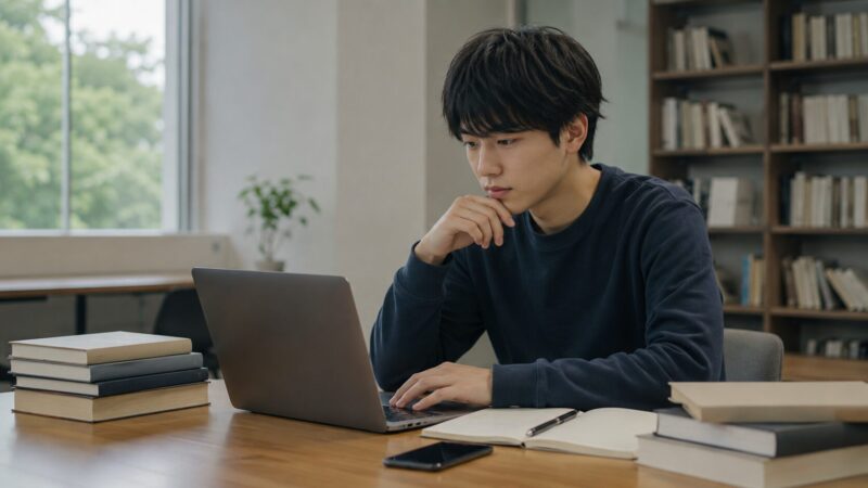大学生がSnapdragon PCで授業やレポート作成に使えるか確認する様子