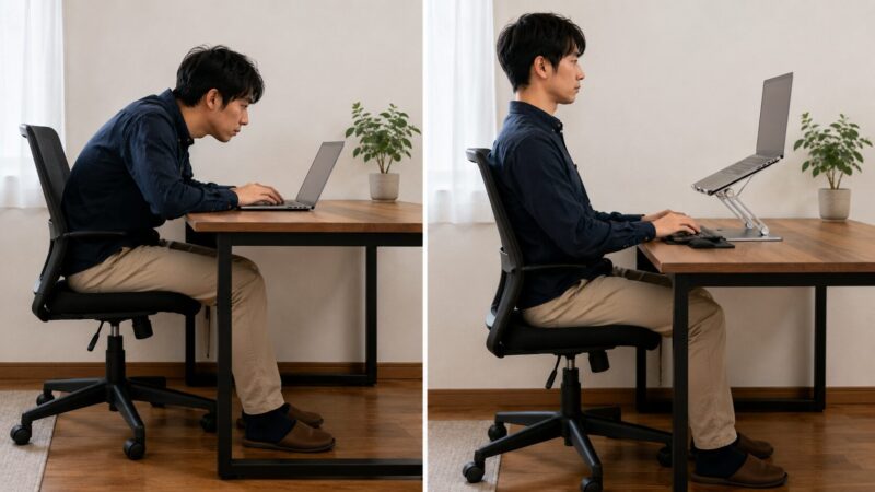 低い画面で前かがみになる姿勢とスタンド使用後の自然な姿勢の比較