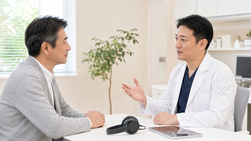 AirPodsの補聴器代用前に聴力検査を相談する日本人男性