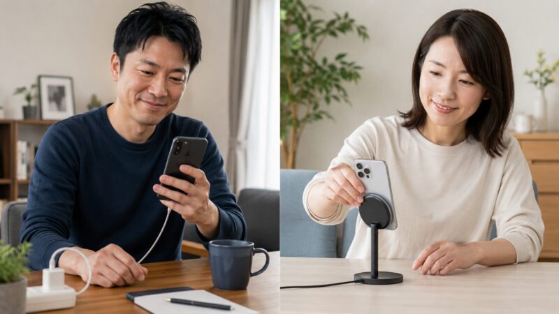 有線充電で十分な人とMagSafeが便利な人の違いを比較する様子