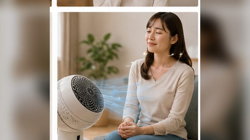 サーキュレーターの直線的な風を体へ直接当てずに使用する女性