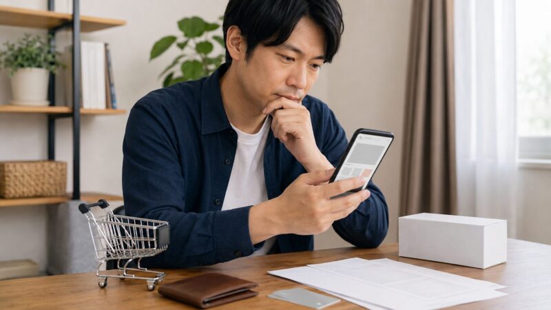 　motorola edge 50s proの安売り価格と購入条件を慎重に確認する様子