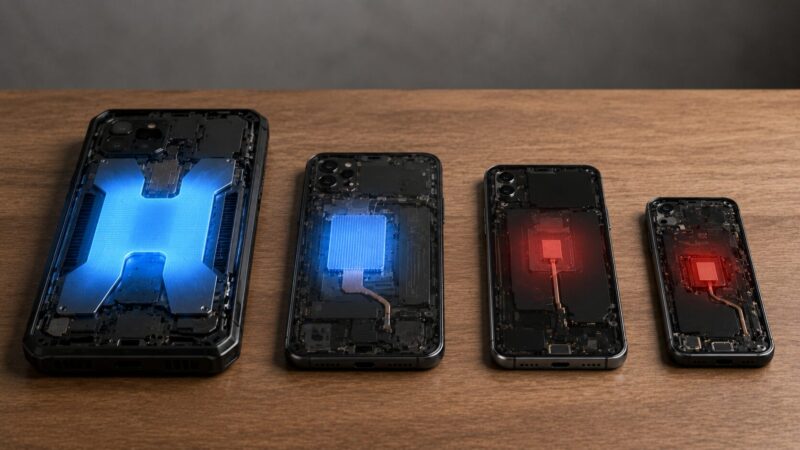 大きさや冷却構造が異なる複数のスマートフォンの比較
