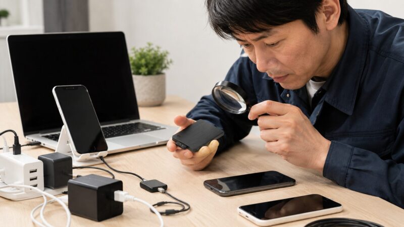 Plaud Noteの故障を複数の電源とスマートフォンで確認する技術者