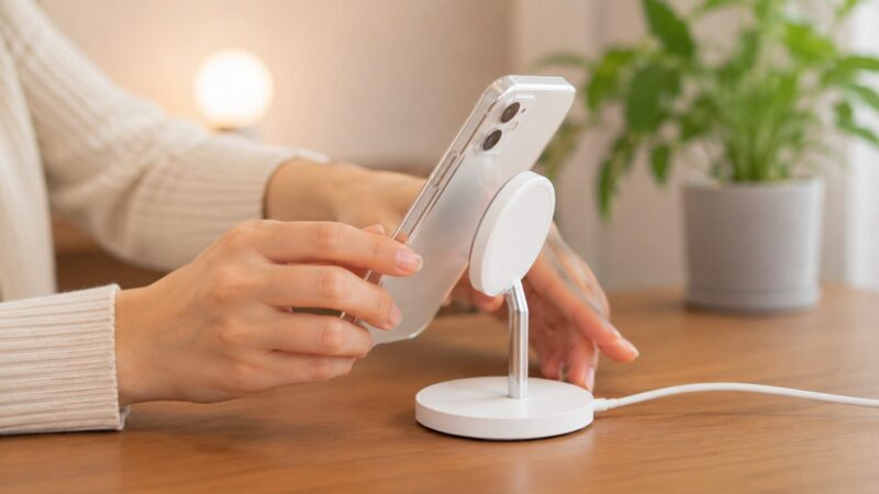 普通のスマホケースでMagSafe充電が使えるか確認している様子