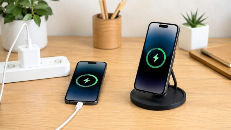 有線充電とMagSafe充電を並べて比較している様子