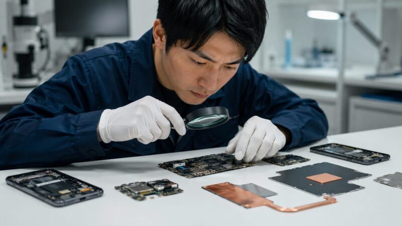 スマートフォンのチップと冷却構造を調べる日本人技術者