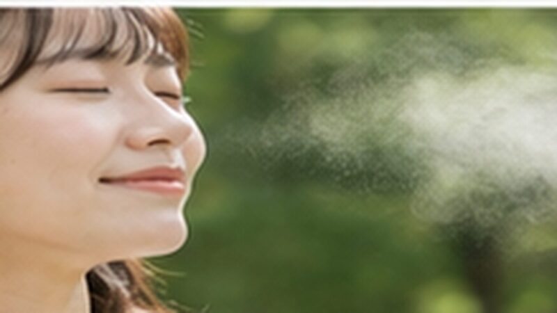 顔に細かな霧と風を当てて涼しさを確かめる日本人女性