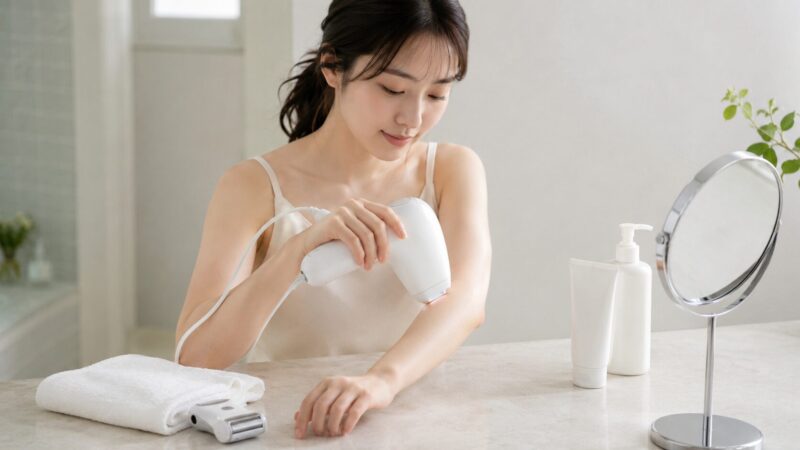 家庭用脱毛器の正しい使い方として腕をシェービング後に照射する女性