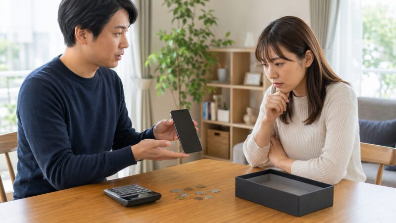iPhoneの残債と返却プログラムを確認する日本人男女