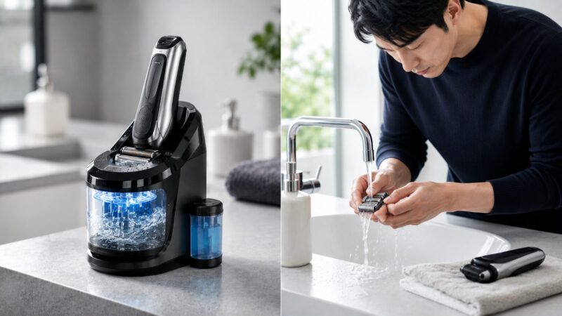 自動洗浄器による手入れと流水での手洗いを比較した電気シェーバー