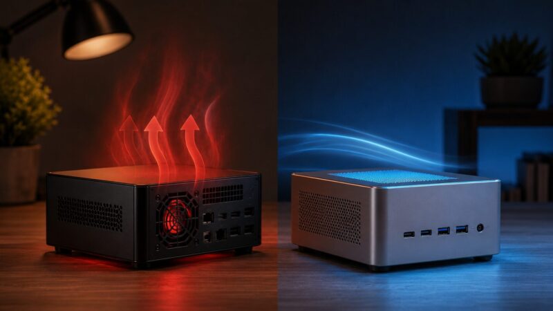 N97とN150搭載ミニPCの消費電力と発熱の違いを表すイメージ