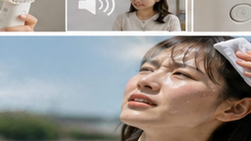 炎天下でミストハンディファンを使いながら汗を拭く日本人女性