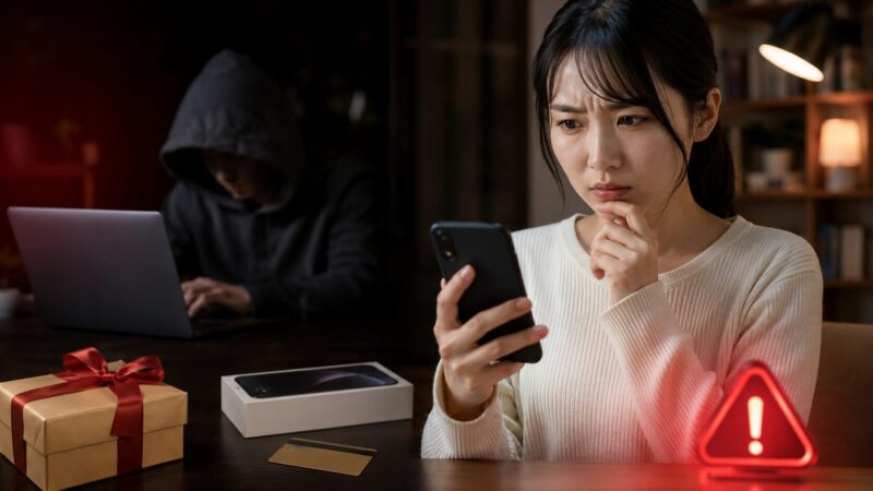 iPhone無料プレゼントを装うSNS詐欺に警戒する女性