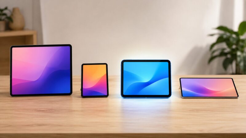現行タブレットシリーズの価格や大きさを比較するために並べた4台の端末