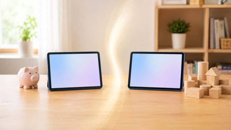 2台のタブレットと貯金箱でiPad A16の発売時と現在の価格差を表したイメージ