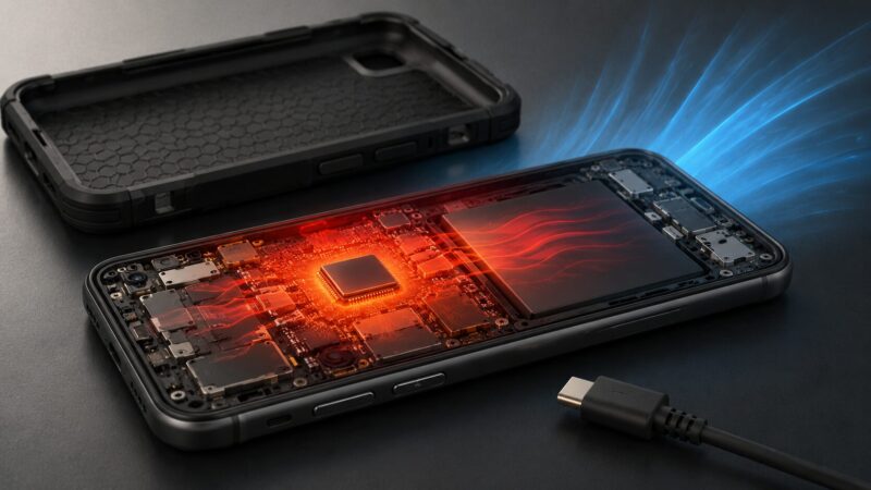 スマートフォン内部の発熱とケースを外した放熱対策のイメージ