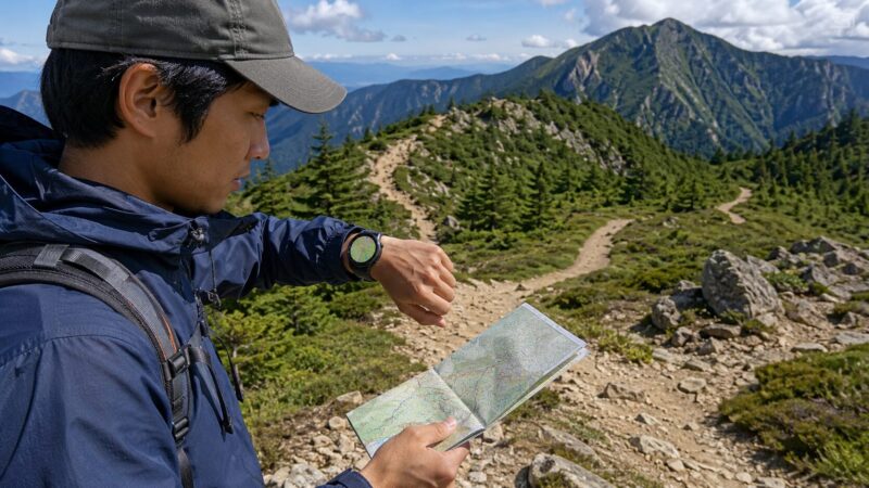 登山中にスマートウォッチのオフライン地図とルートを確認する日本人