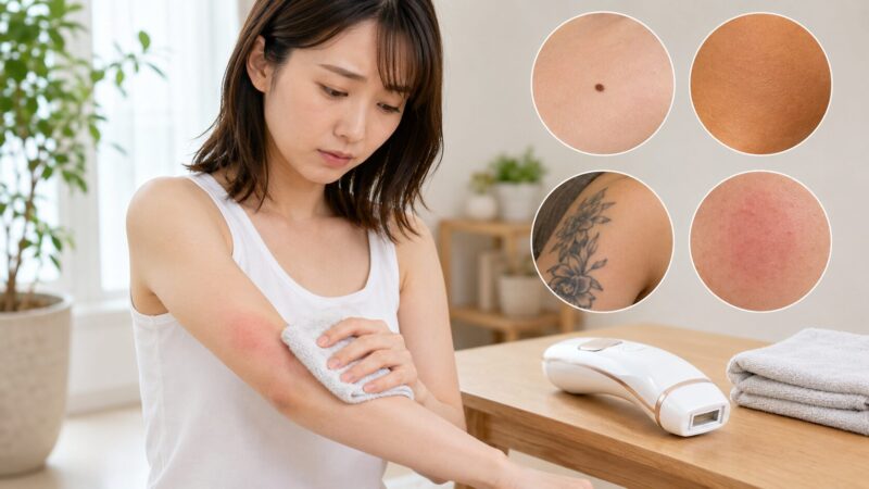 家庭用脱毛器使用後の肌の赤みを確認する日本人女性