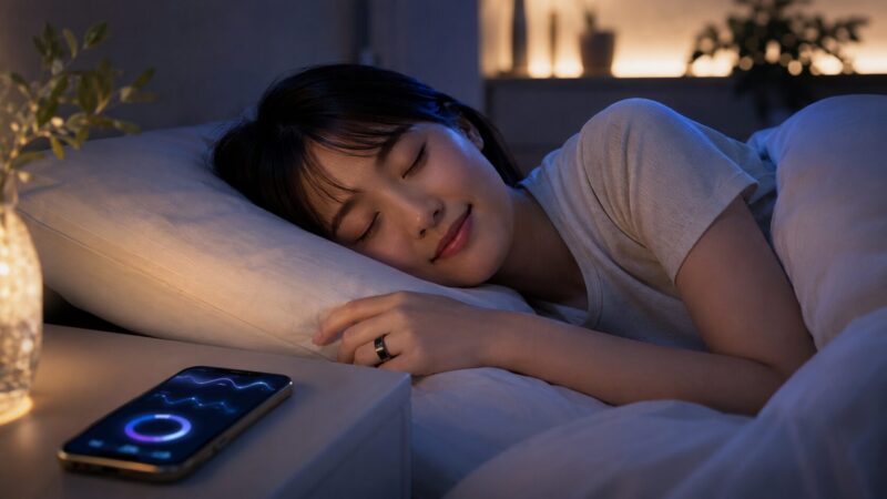 スマートリングを着用して睡眠データを計測する日本人女性