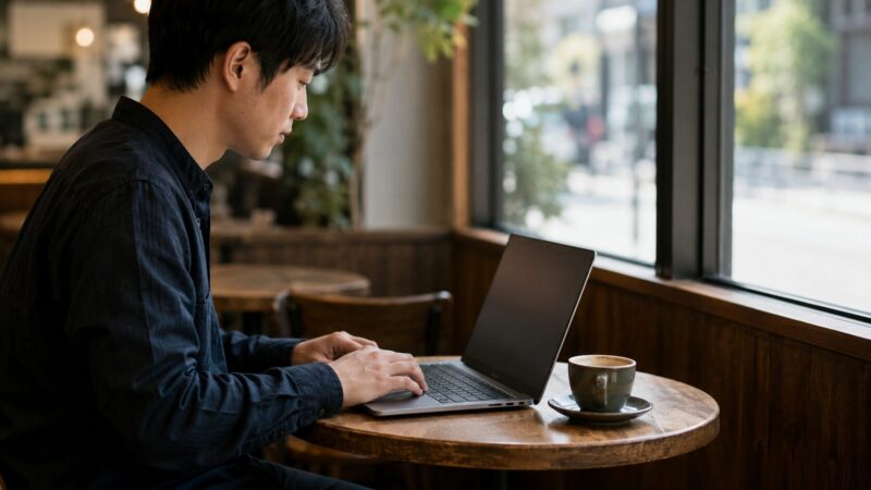 カフェでノートパソコンを短時間だけ使用している日本人利用者