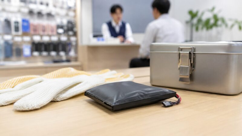 膨張したPSPバッテリーを安全に処分するため回収方法を確認する様子