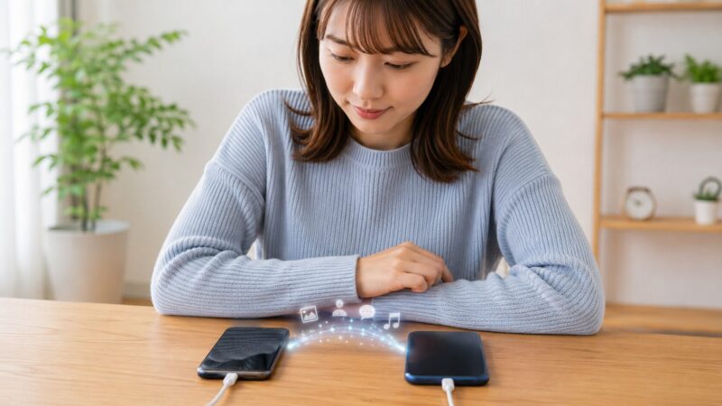 古いiPhoneから新しいiPhoneへデータ移行する女性