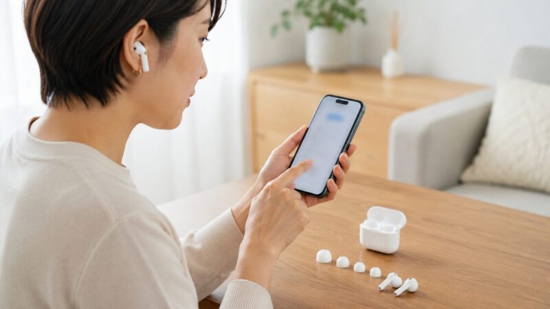 AirPodsのヒアリング補助設定をスマートフォンで行う日本人女性