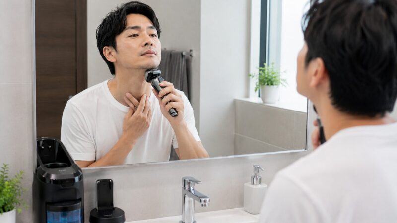 電気シェーバーを肌に軽く当てて正しく使用する日本人男性