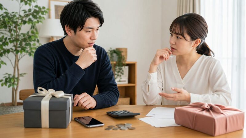 iPhoneの贈与税やお返しについて相談する日本人男女