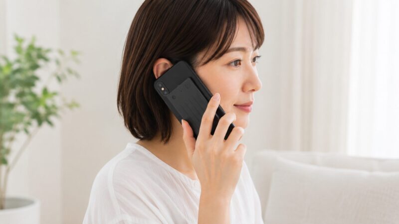 Plaud Noteをスマートフォン背面へ装着して通話録音する女性