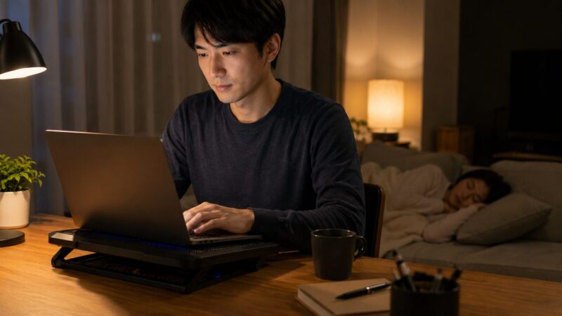 夜間作業で静音タイプのノートPC冷却台を使う男性